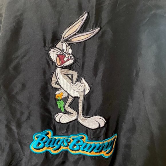 Vintage Looney Tunes Bugs Bunny Silk Embroidered Bomber Jacket size XL Black - Picture 6 of 10